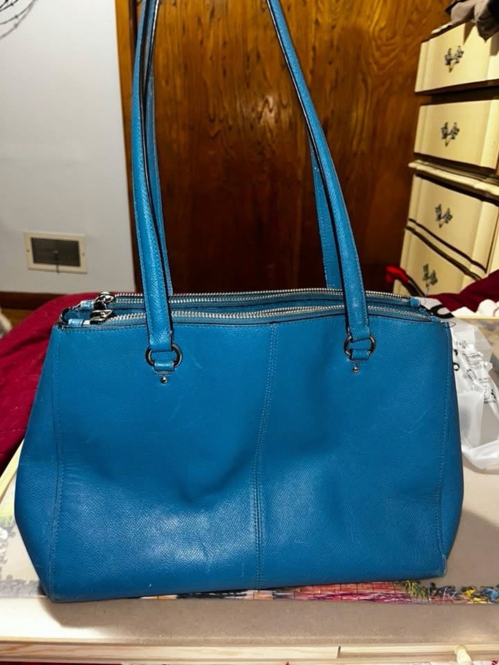 Coach Teal Leather Double-Zip Shoulder Bag and matching wallet